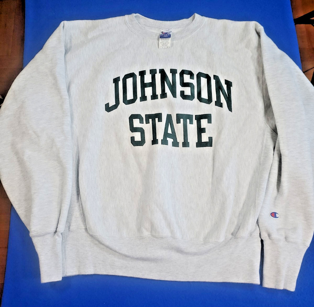 Vtg Champion Reverse Weave Sweatshirt Large Johnson State Gray Crewneck 90s USA